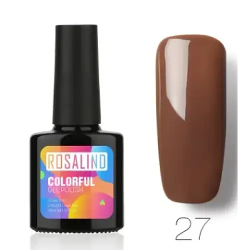 Rosalind colorful gel polish in shade 27, a sleek black bottle with vibrant label and glossy brown nail polish swatch.