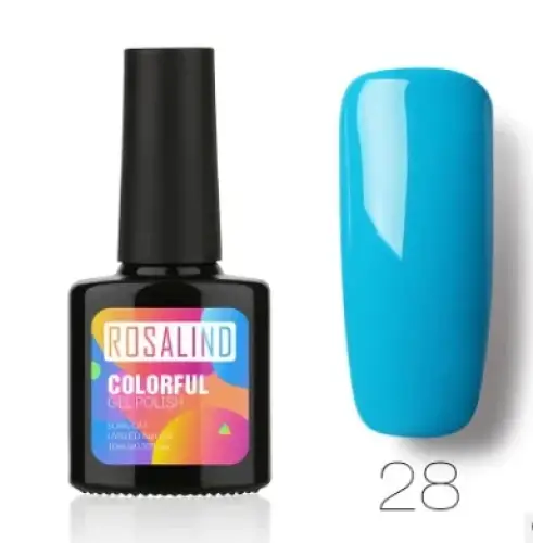 Bright blue gel polish in a black bottle labeled ’rosalind colorful gel polish’ with the shade number 28.