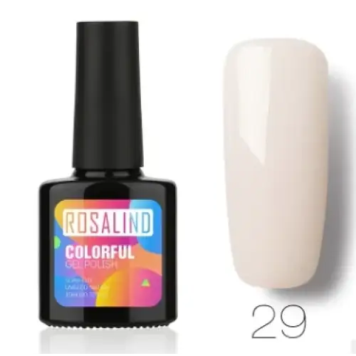Rosalind brand gel polish in a sleek black bottle with vibrant label, featuring shade 29—a soft, creamy off-white finish.