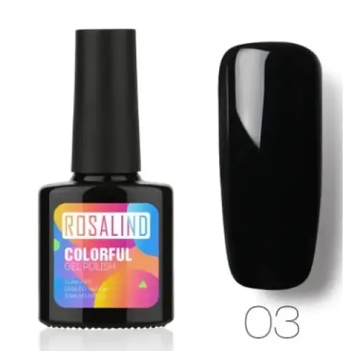 Black gel nail polish in a sleek black bottle with a colorful label, featuring the brand name ’rosalind’ and shade number 03.