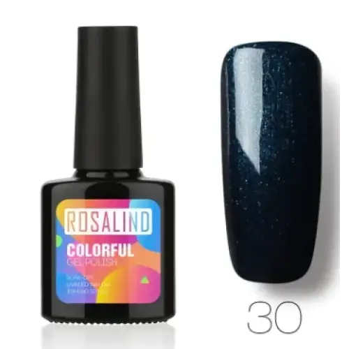Rosalind brand gel polish in a sleek black bottle with vibrant label, showcasing a deep navy blue shimmer finish.