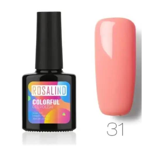 Rosalind brand gel polish in a sleek black bottle with vibrant label, showcasing shade 31—a soft coral pink finish.