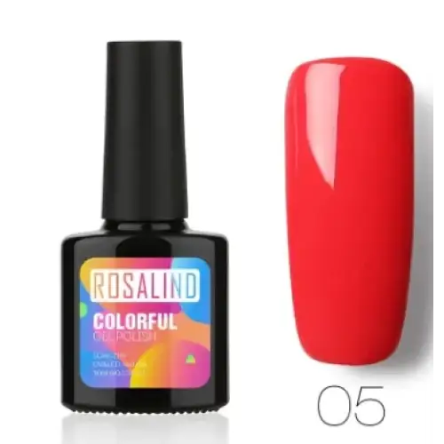 Rosalind brand red gel polish in a sleek black bottle with vibrant label, shown alongside its glossy finish on a nail.