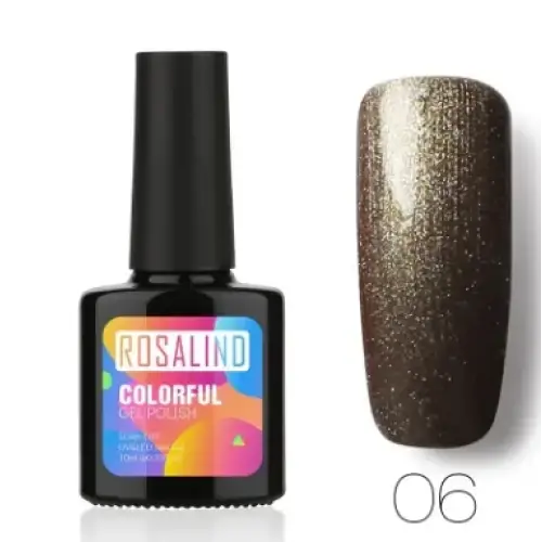 Rosalind colorful gel polish in shade 06, a shimmering metallic bronze with fine glitter particles.