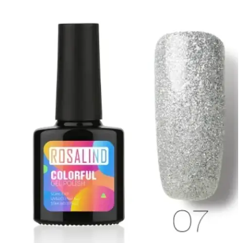 Silver glitter gel polish in a black bottle with colorful label.