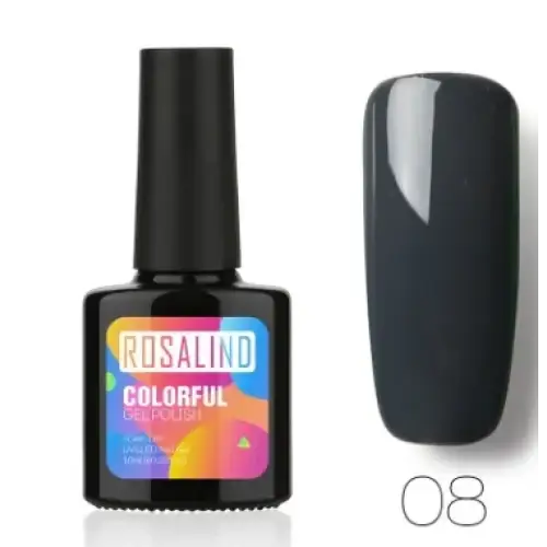 Rosalind colorful gel polish in shade 08, a sleek black bottle with vibrant rainbow labeling and a glossy finish.