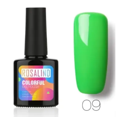 Bright green gel polish in a black bottle labeled ’rosalind colorful gel polish’ with the shade number 09.