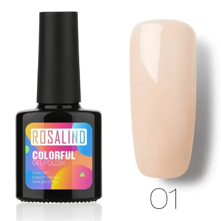 Black bottle of rosalind colorful gel polish with a glossy nude-pink nail finish shown beside it.