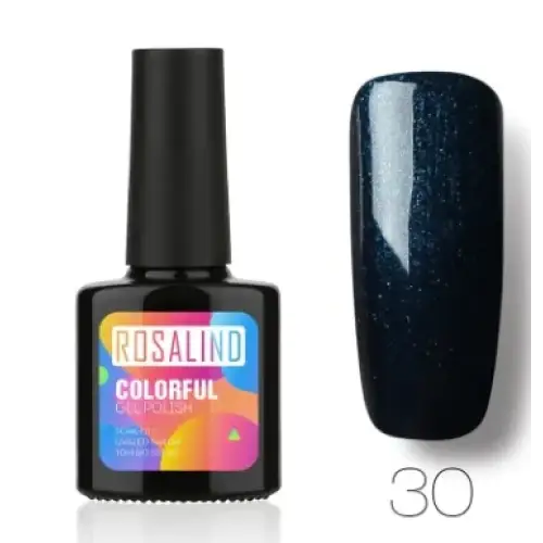 Dark blue glitter nail polish in a black bottle with colorful label, model number 30.