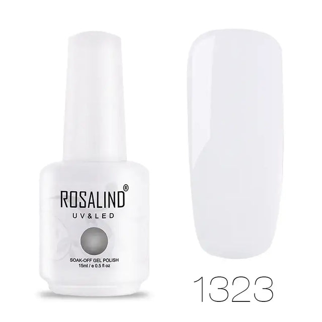 White rosalind uv & led soak-off gel polish in a sleek, translucent bottle with a matching cap.