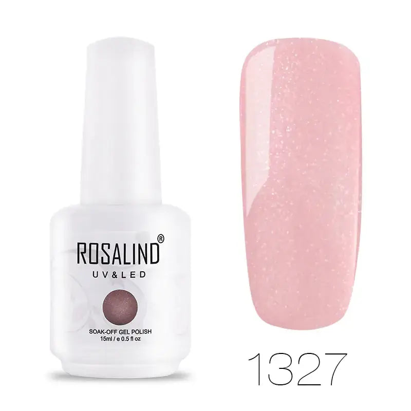 A translucent pink glitter nail polish in a white bottle labeled ’rosalind uv & led soak-off gel polish’ with the shade number 1327.
