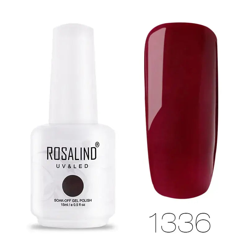 Rosalind uv & led soak-off gel polish in a white bottle with a glossy deep red nail finish, shade 1336.