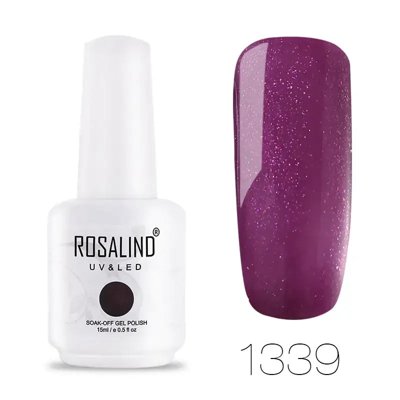 Rosalind uv & led soak-off gel polish in a white bottle with a purple glittery finish, shade 1339.