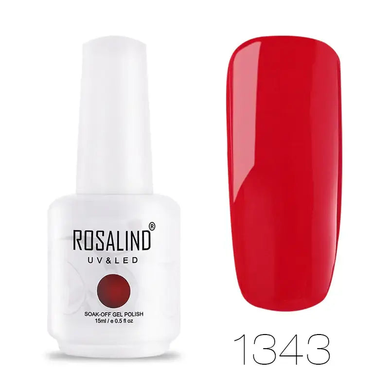 Rosalind uv&led soak-off gel polish in a white bottle with a red circular swatch, shade 1343.