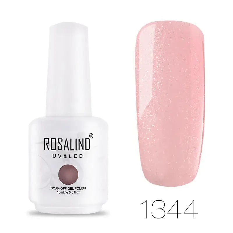 A soft pink, glitter-infused gel nail polish in a sleek white bottle labeled ’rosalind uv & led soak-off gel polish’ with the shade number 1344.