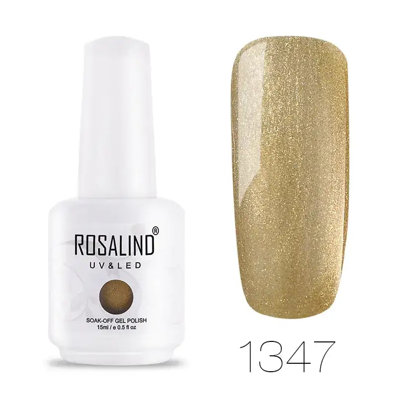 Rosalind uv&led soak-off gel polish in a white bottle, shade 1347 with a shimmering gold finish.