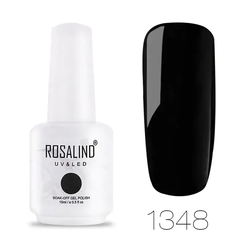 White bottle of rosalind uv & led soak-off gel polish in shade 1348, featuring a glossy black finish.