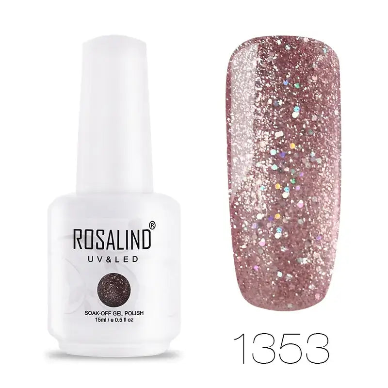Rosalind uv&led soak-off gel polish in a white bottle with a shimmering rose gold glitter finish, shade 1353.