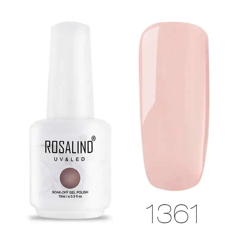 A sleek white bottle of rosalind uv&led soak-off gel polish, featuring a minimalist design and labeled with the shade number 1361.