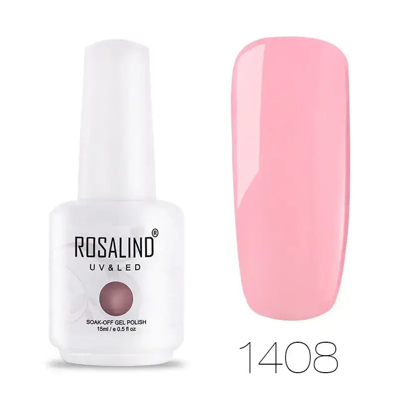 A sleek white bottle of rosalind uv & led soak-off gel polish, featuring a soft pink shade labeled as 1408.