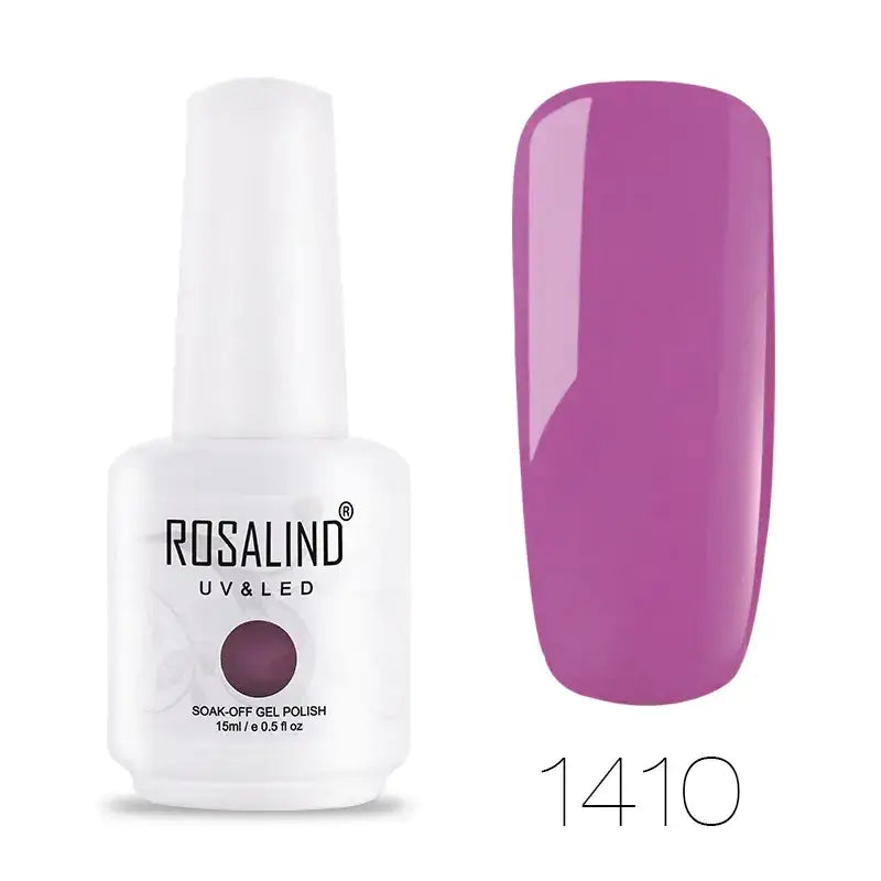 Rosalind uv&led soak-off gel polish in a white bottle, shade 1410, featuring a vibrant purple hue.