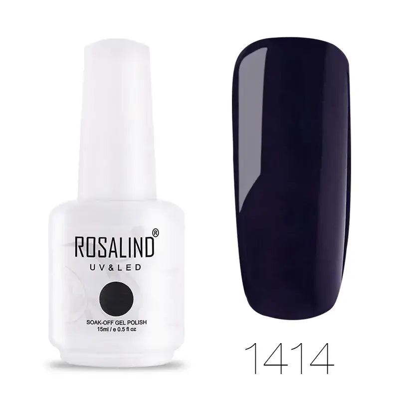 White bottle of rosalind uv & led soak-off gel polish in shade 1414, featuring a glossy black finish.