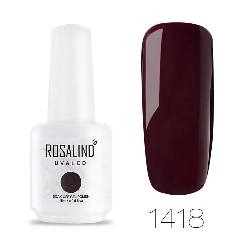 Rosalind uv & led soak-off gel polish in a sleek white bottle, featuring the deep burgundy shade 1418.