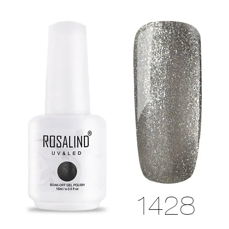 A sleek white bottle of rosalind uv & led soak-off gel polish, featuring a glossy silver glitter finish with shimmering particles.