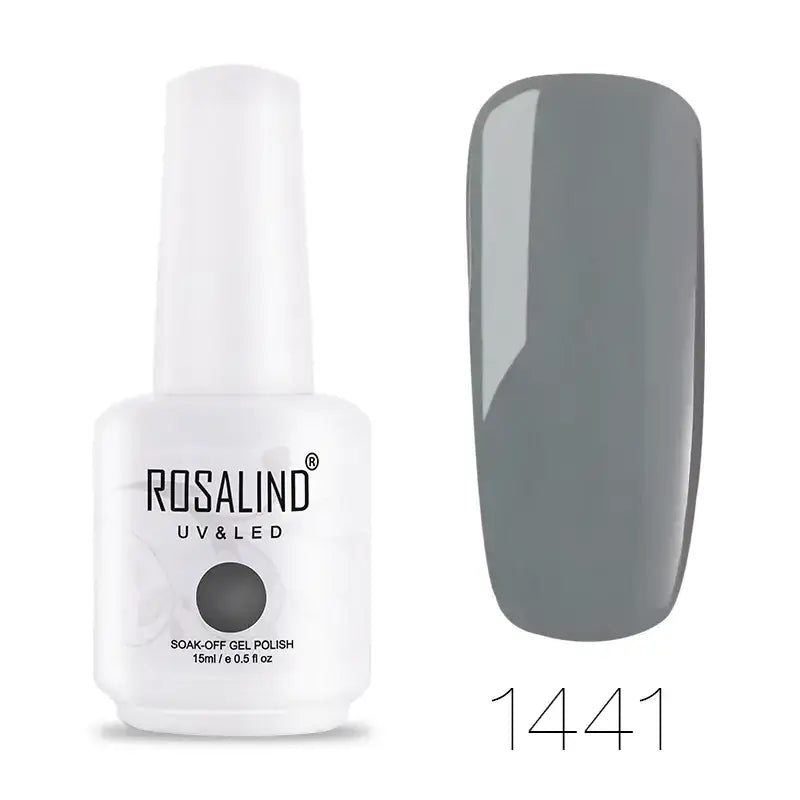 Rosalind uv & led soak-off gel polish in a sleek white bottle, featuring a matte gray nail swatch labeled with the shade number 1441.