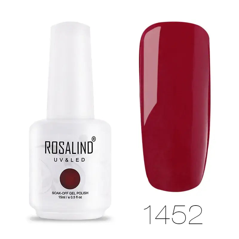 Rosalind uv & led soak-off gel polish in a white bottle, shade 1452, featuring a deep red, glossy finish.