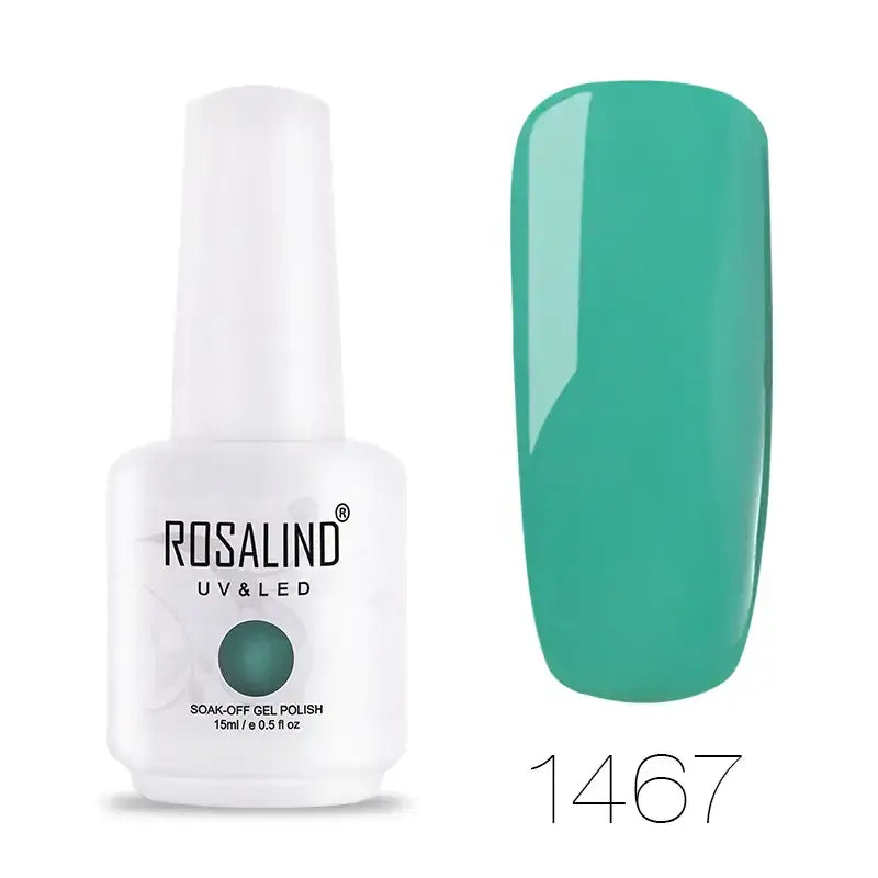 Rosalind uv & led soak-off gel polish in a white bottle, shade 1467 with a vibrant teal finish.
