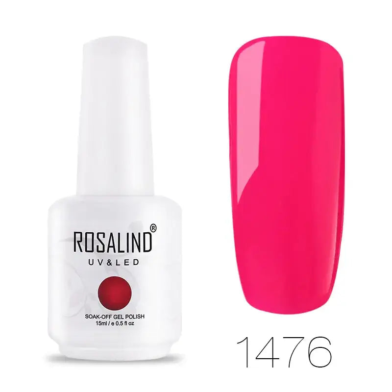 Bright fuchsia pink gel nail polish in a white bottle labeled ’rosalind uv & led soak-off gel polish’ with product number 1476.