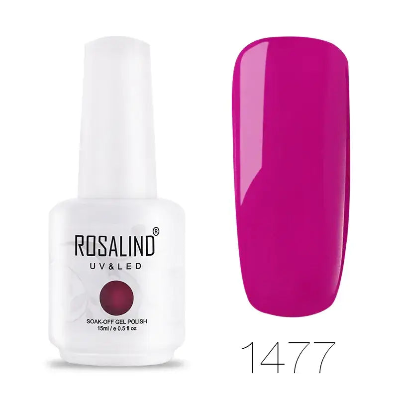 Vibrant fuchsia nail polish in a sleek white bottle labeled ’rosalind uv & led soak-off gel polish’ with product code 1477.