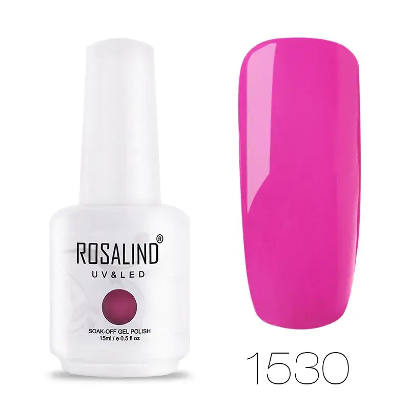 Bright fuchsia pink soak-off gel nail polish in a white bottle by rosalind, model 1530.