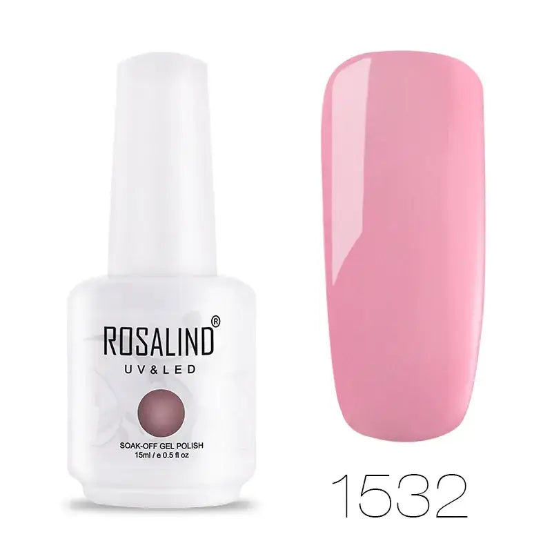 A sleek white bottle of rosalind uv&led soak-off gel polish, featuring a glossy pink nail swatch beside it.