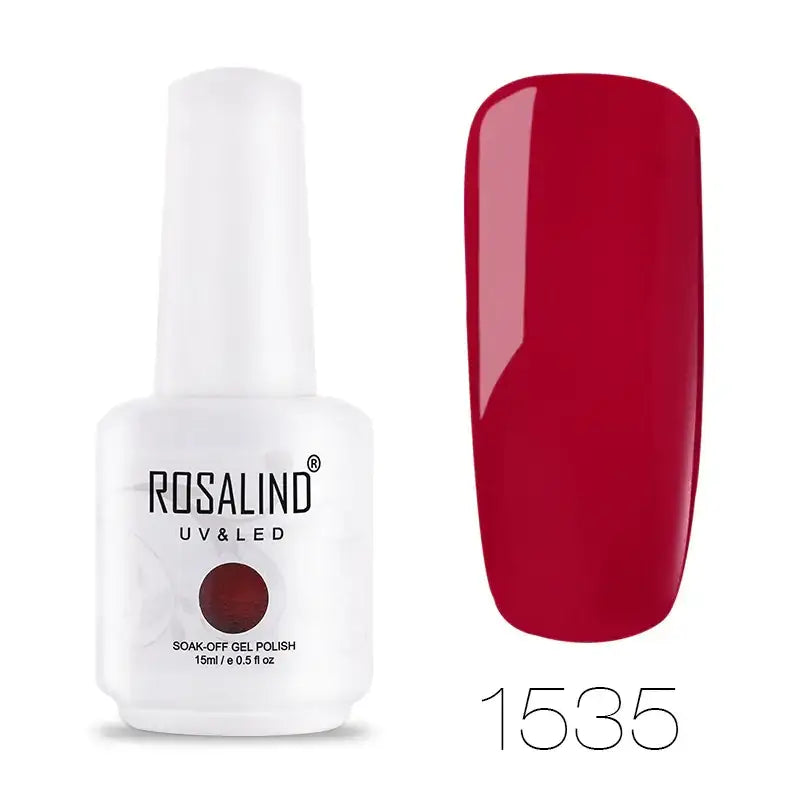 Rosalind uv & led soak-off gel polish in a white bottle with a glossy deep red nail finish, shade 1535.