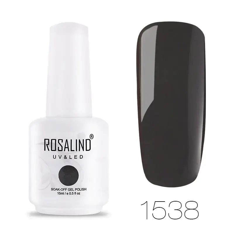 Rosalind uv & led soak-off gel polish in a sleek white bottle, featuring a glossy black nail finish.