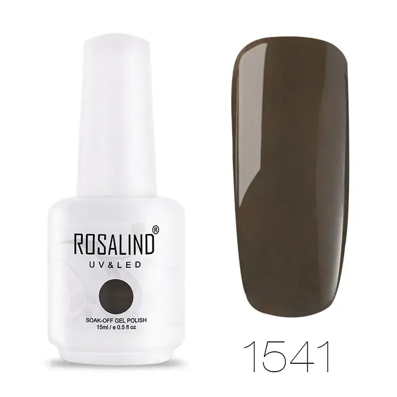 Rosalind uv & led soak-off gel polish in a white bottle with a matte finish, featuring the shade number 1541 and displaying its rich brown color on an artificial nail.