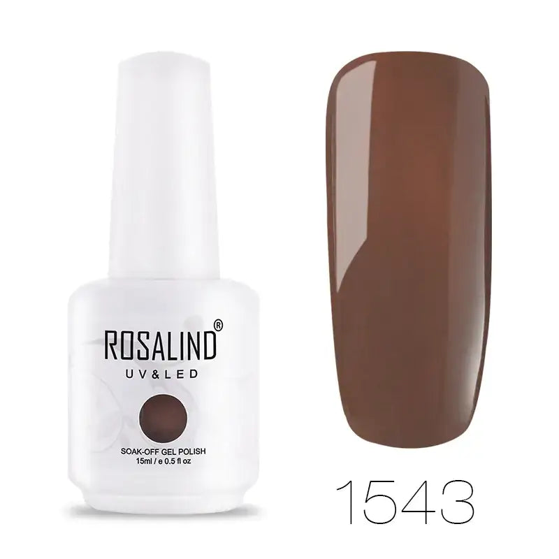 A sleek white bottle of rosalind uv & led soak-off gel polish, featuring a glossy brown shade labeled as 1543.