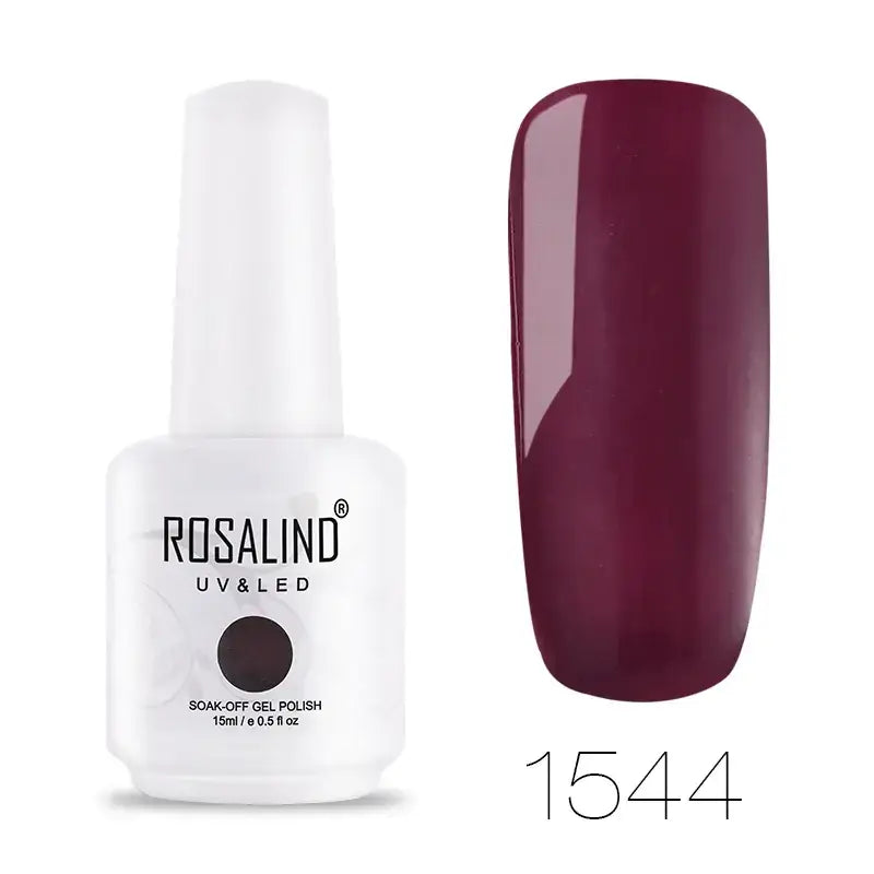 Rosalind uv & led soak-off gel polish in a white bottle with a glossy deep burgundy nail finish, shade 1544.