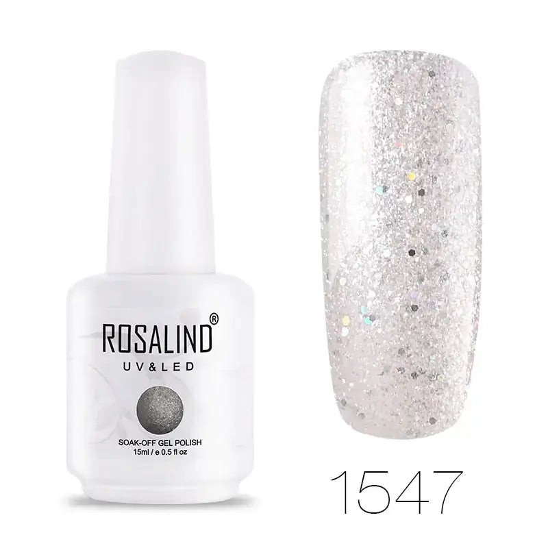 A sleek white bottle of rosalind uv & led soak-off gel polish, featuring a shimmering silver glitter finish with tiny multicolored sparkles.