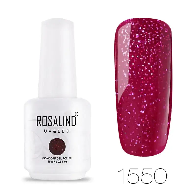 Rosalind uv & led soak-off gel polish in a white bottle, featuring a vibrant fuchsia glitter finish.