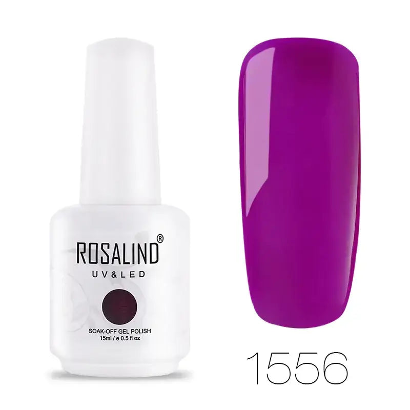 A vibrant purple gel nail polish in a white bottle labeled ’rosalind uv & led’ with the shade number 1556.