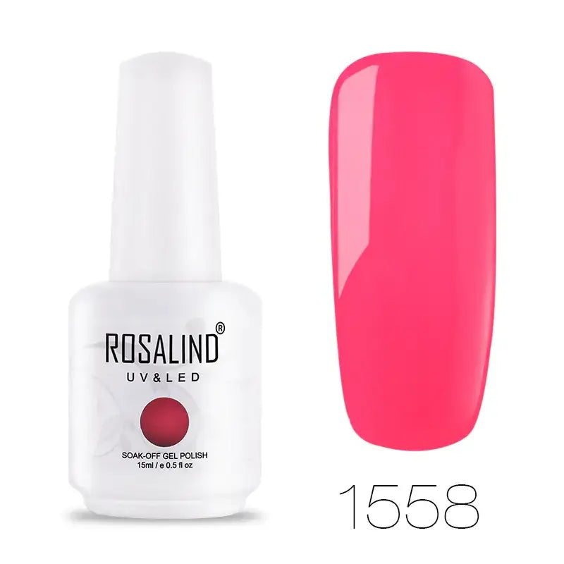 Bright fuchsia pink soak-off gel nail polish in a white bottle by rosalind, model 1558.