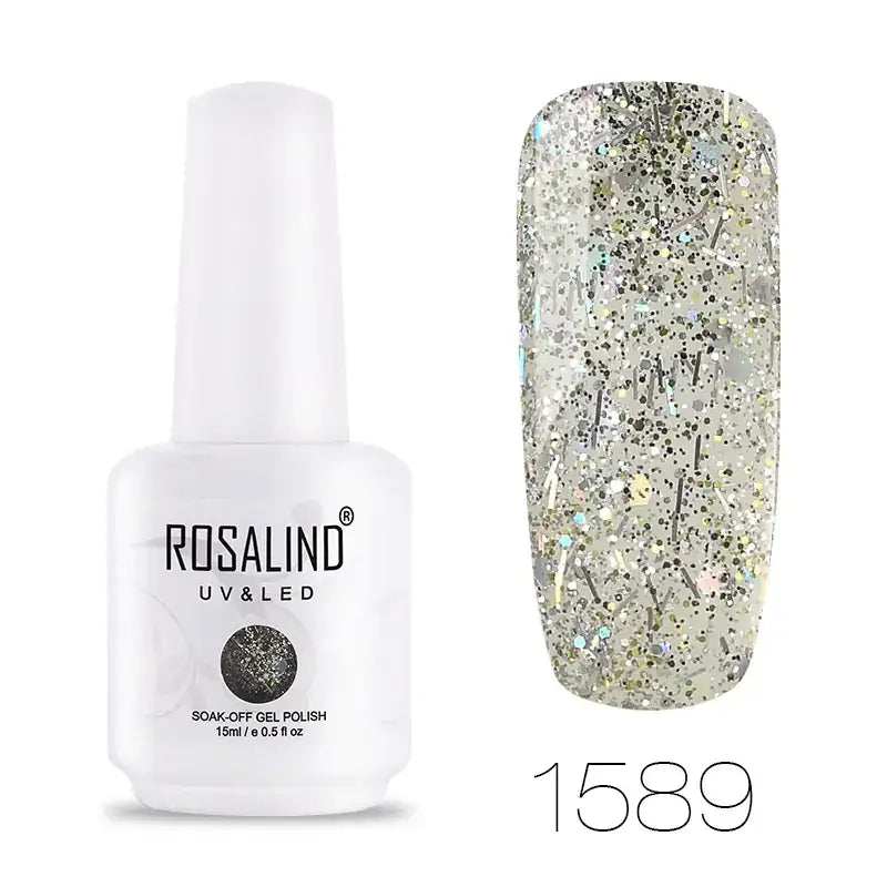 A white bottle of rosalind uv & led soak-off gel polish, model 1589, featuring a glittery silver and black shimmer finish.
