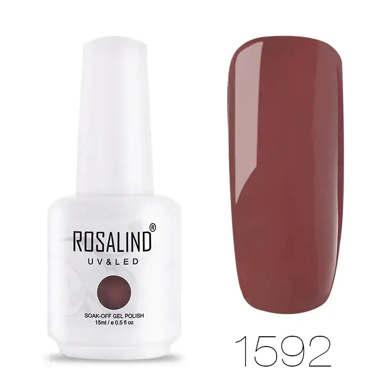 Rosalind uv & led soak-off gel polish in a white bottle with a matte finish, featuring shade 1592—a rich, glossy burgundy nail color.