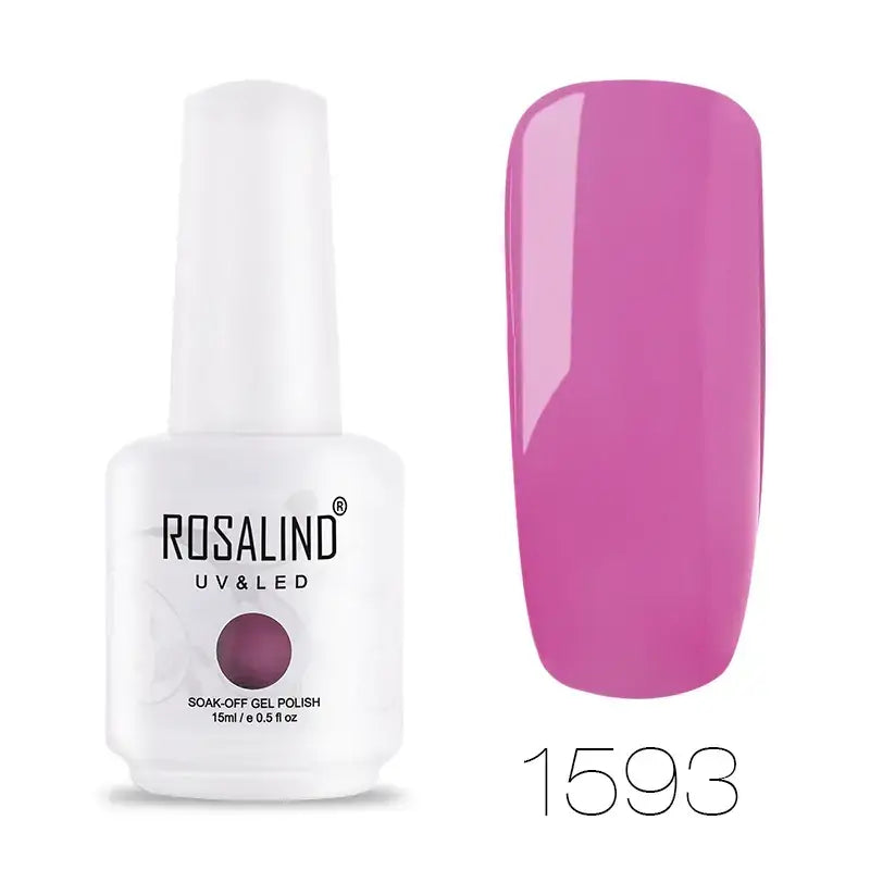 A sleek white bottle of rosalind uv & led soak-off gel polish, featuring a glossy fuchsia nail swatch beside it.