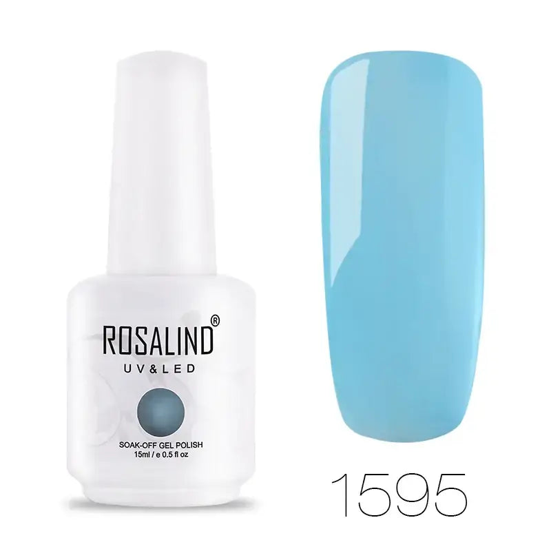 A sleek white bottle of rosalind uv & led soak-off gel polish, featuring a glossy light blue nail finish in shade 1595.