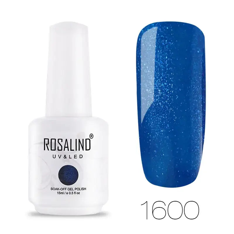 Rosalind uv & led soak-off gel polish in a white bottle, featuring a vibrant blue glitter finish.