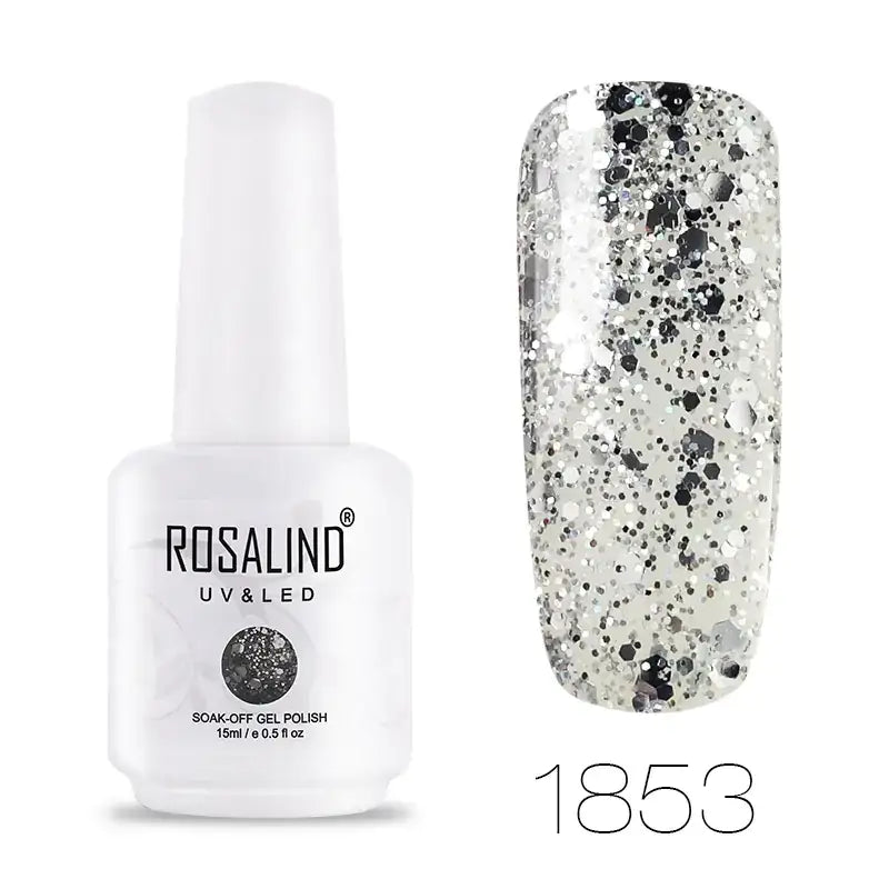 White bottle of rosalind uv & led soak-off gel polish with silver and black glitter, model 1853.